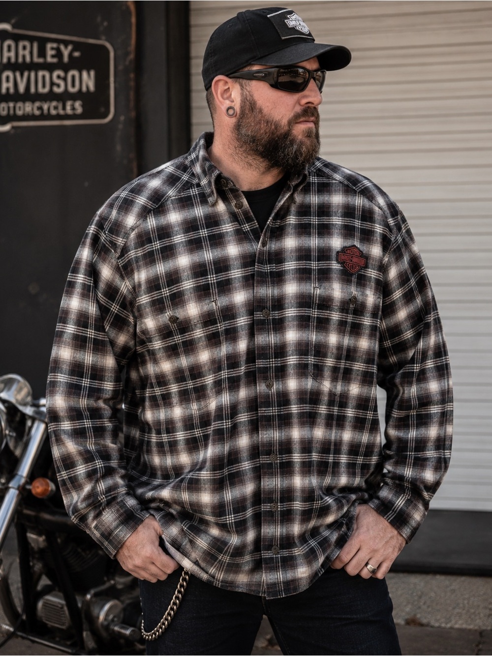 Harley-Davidson MotorClothes 2XL Plaid Flannel Shirt Biker Grunge Patch Y2K Rock